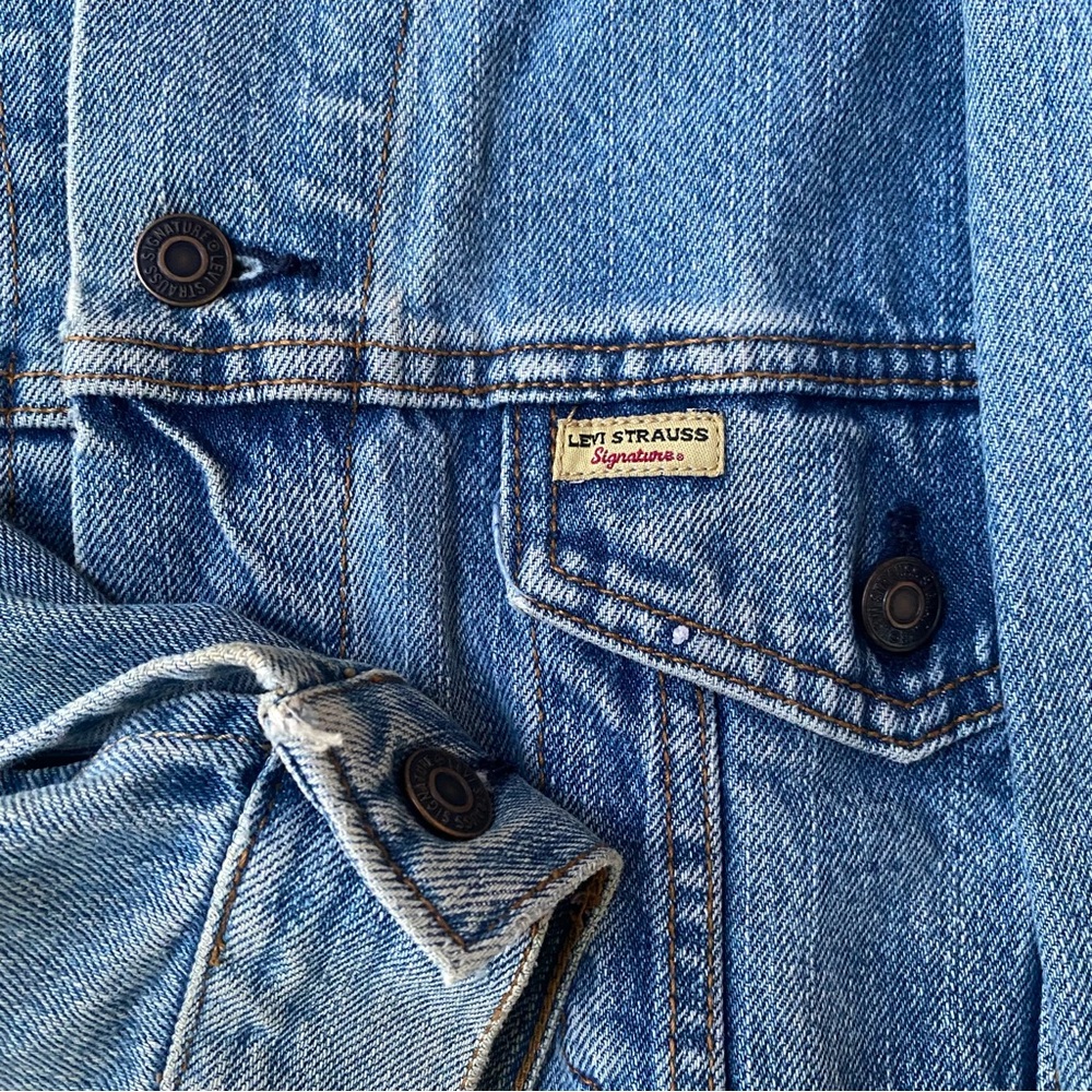 Levi Strauss Signature Mens XL Denim Trucker Jacket Blue Jean Biker Workwear - Picture 2 of 14